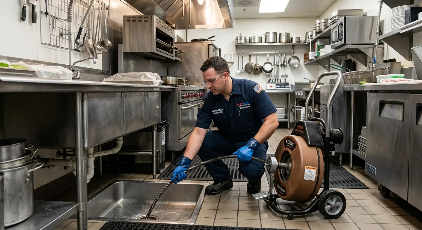 Commercial drain cleaning service in a restaurant kitchen in Fortuna Foothills