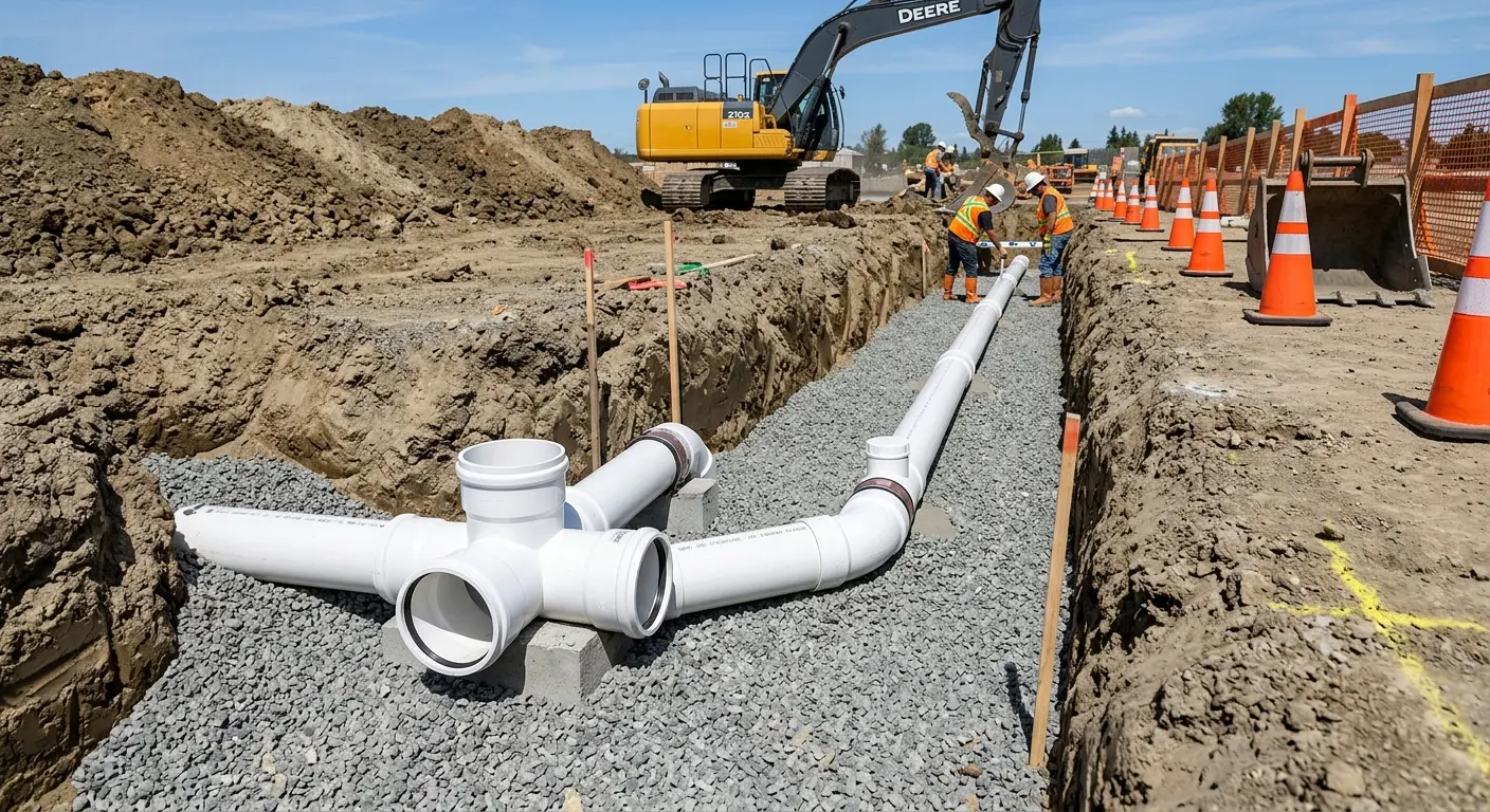 New PVC sewer pipe installation in open trench for Grease Trap Cleaning in Fortuna Foothills