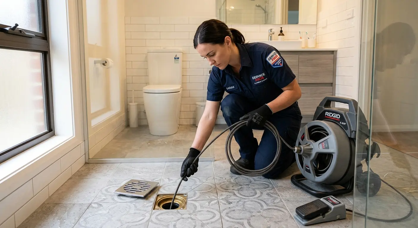 Technician clearing a bathroom floor drain for Drain Repair in Fortuna Foothills